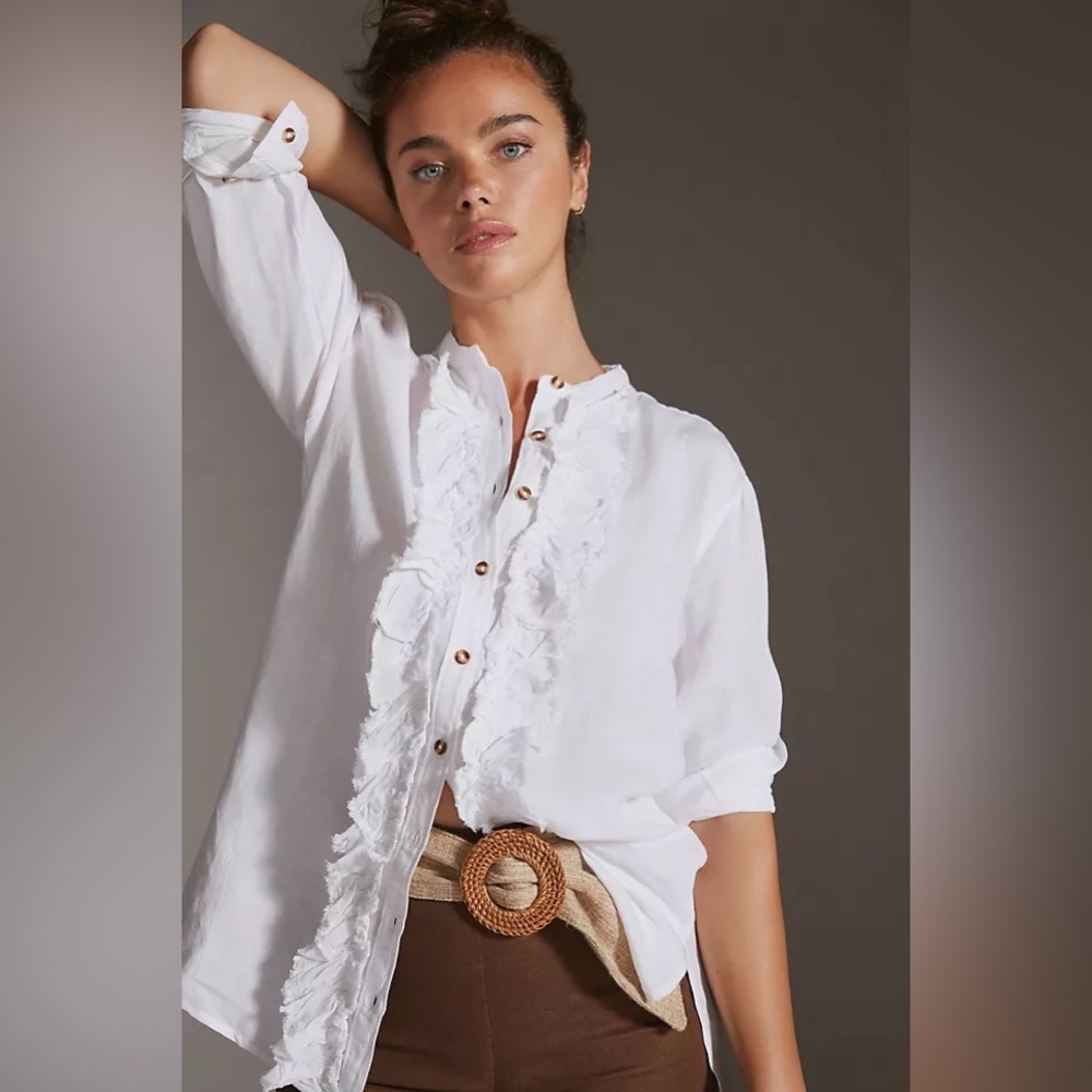 Anthropologie Pilcro Ruffled Placket Shirt in White Linen (size XS)